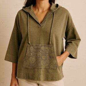 Olive Taupe Lace Trim Hoodie Tunic Top 3/4 Sleeve Cotton Pullover Plus Size 3X